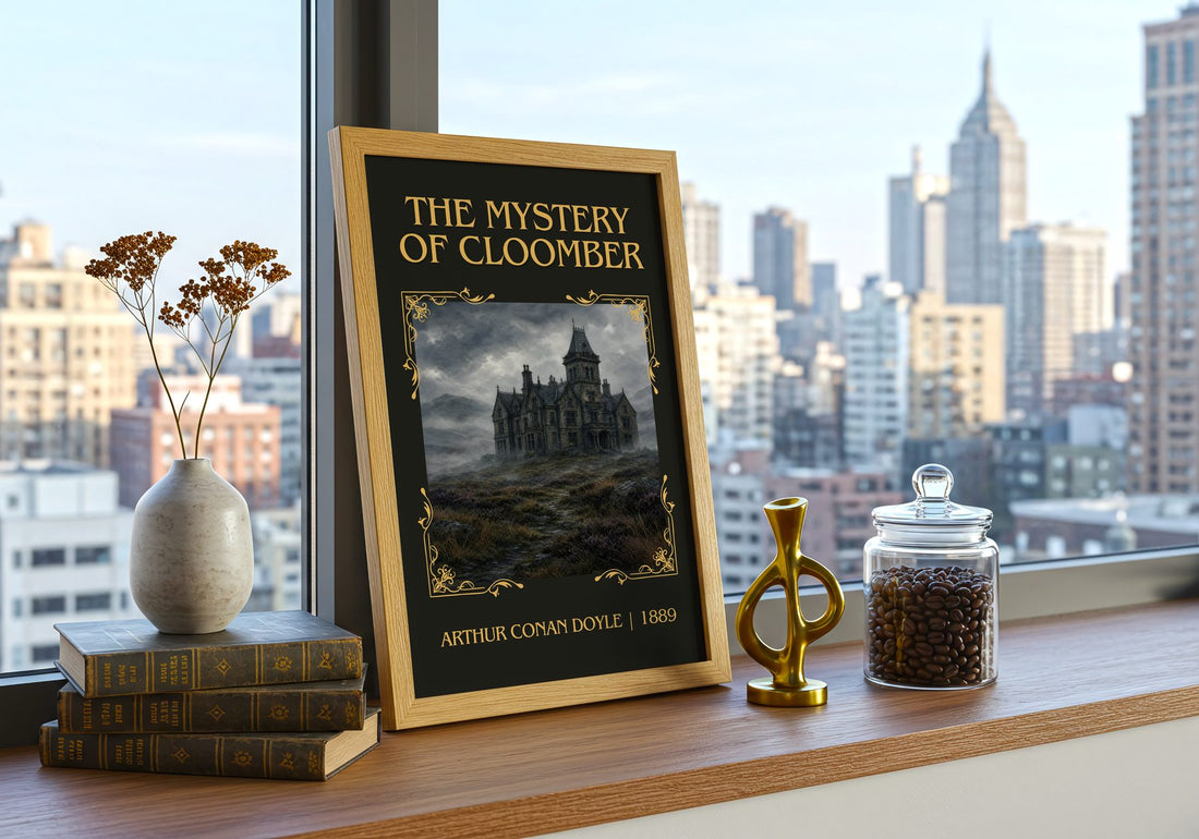 The Mystery Of Cloomber Classic Book Art Print by Arthur Conan Doyle – framed print on a city-view windowsill
