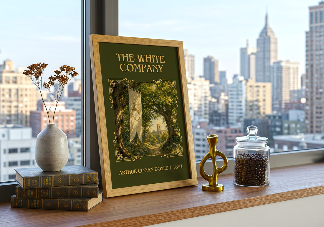 The White Company Classic Book Art Print by Arthur Conan Doyle – framed print on a city-view windowsill