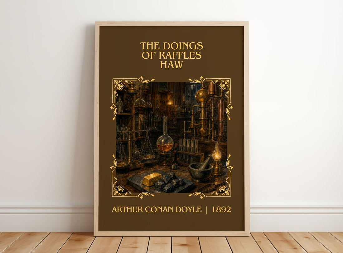The Doings Of Raffles Haw Classic Book Art Print by Arthur Conan Doyle – framed print leaning on a wooden floor
