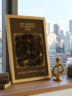 The Doings Of Raffles Haw Classic Book Art Print by Arthur Conan Doyle – framed print on a city-view windowsill