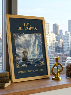 The Refugees Classic Book Art Print by Arthur Conan Doyle – framed print on a city-view windowsill