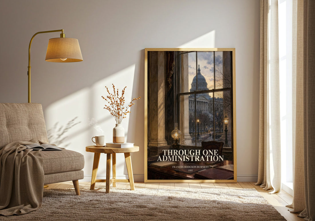 Through One Administration watercolour print in frame leaning in hallway – historical fiction wall art (mockup)