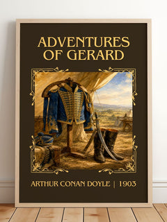 Adventures Of Gerard Classic Book Art Print by Arthur Conan Doyle – framed print leaning on a wooden floor