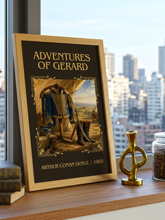 Adventures Of Gerard Classic Book Art Print by Arthur Conan Doyle – framed print on a city-view windowsill