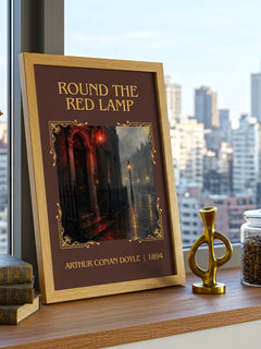 Round The Red Lamp Classic Book Art Print by Arthur Conan Doyle – framed print on a city-view windowsill