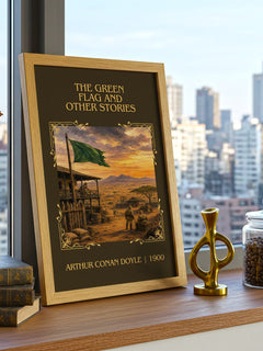 Green Flag And Other Stories Classic Book Art Print by A. Doyle – framed print on a city-view windowsill