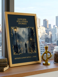Danger! And Other Stories Classic Book Art Print by Arthur Conan Doyle – framed print on a city-view windowsill