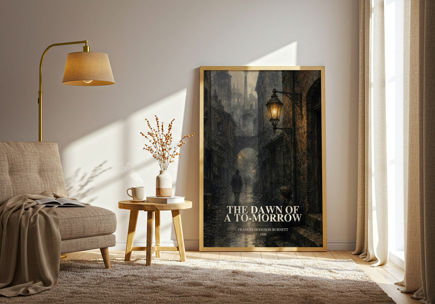 The Dawn Of A To-Morrow watercolour print in frame leaning in hallway – literary fiction wall art