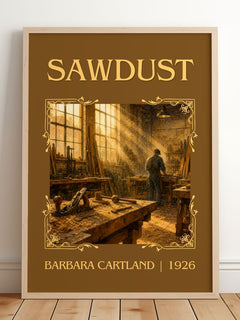 Sawdust Classic Book Art Print by Barbara Cartland – framed print leaning on a wooden floor