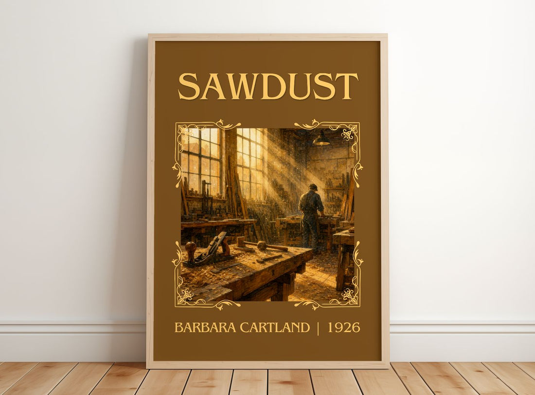 Sawdust Classic Book Art Print by Barbara Cartland – framed print leaning on a wooden floor