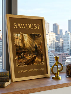Sawdust Classic Book Art Print by Barbara Cartland – framed print on a city-view windowsill