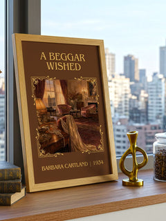 A Beggar Wished Classic Book Art Print by Barbara Cartland – framed print on a city-view windowsill