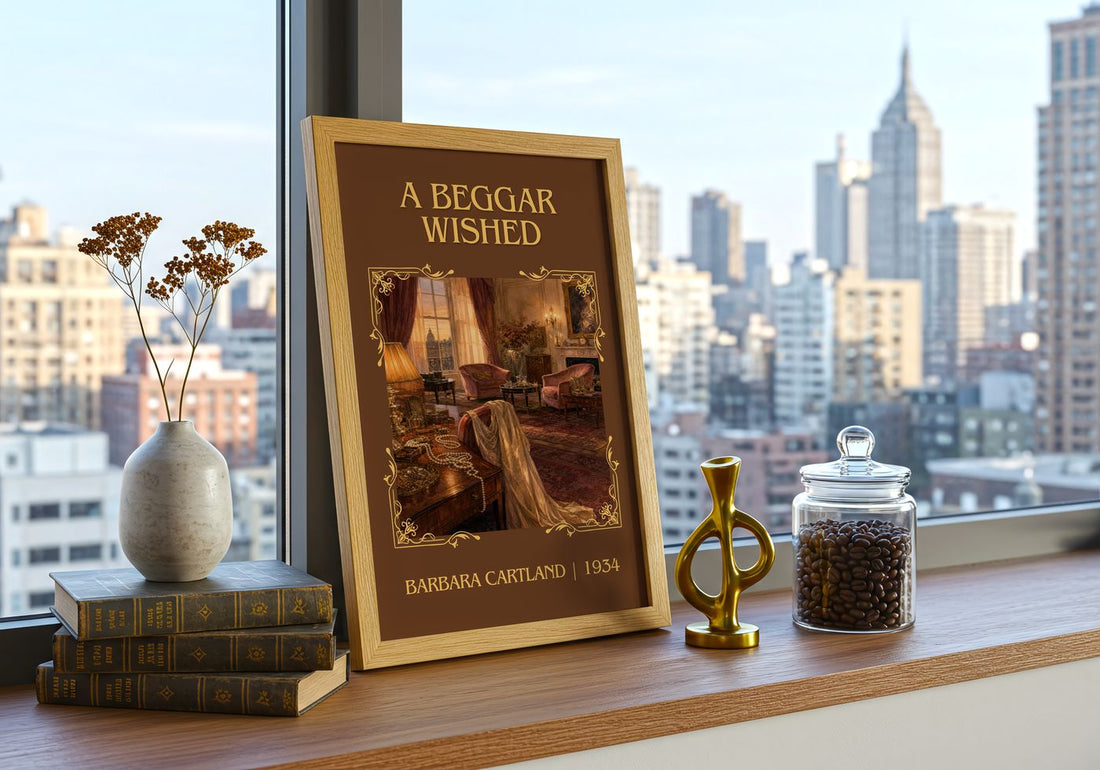 A Beggar Wished Classic Book Art Print by Barbara Cartland – framed print on a city-view windowsill