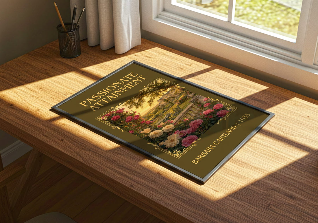 Passionate Attainment Classic Book Art Print by Barbara Cartland – print on a sunlit desk