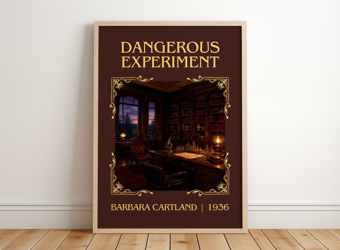 Dangerous Experiment Classic Book Art Print by Barbara Cartland – framed print leaning on a wooden floor