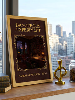 Dangerous Experiment Classic Book Art Print by Barbara Cartland – framed print on a city-view windowsill