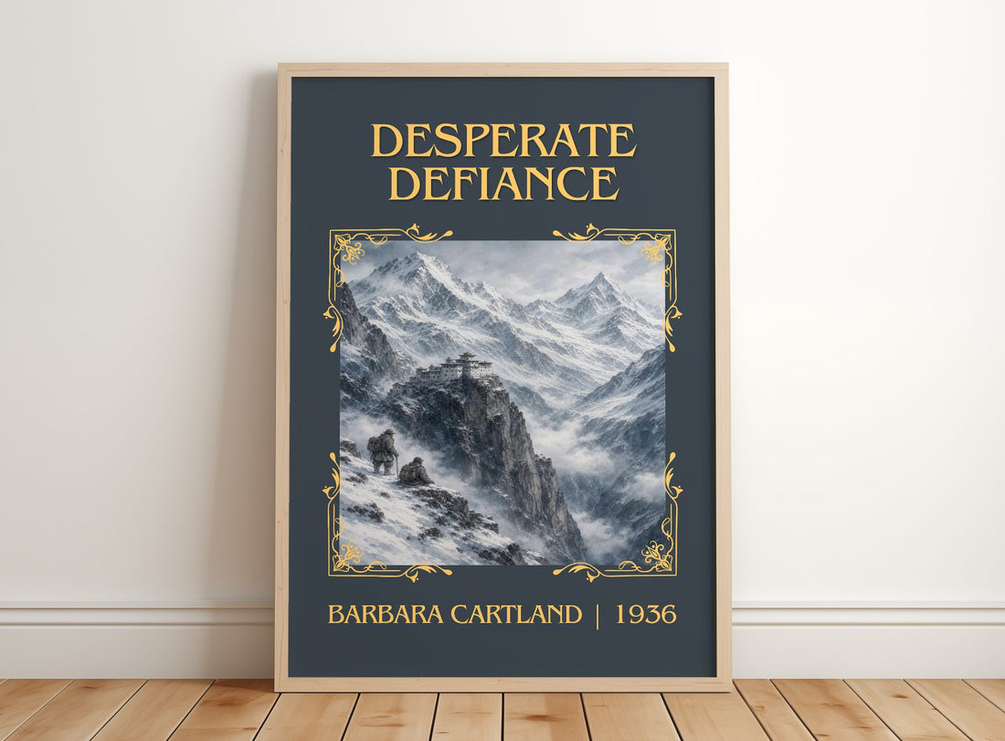 Desperate Defiance Classic Book Art Print by Barbara Cartland – framed print leaning on a wooden floor