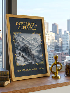 Desperate Defiance Classic Book Art Print by Barbara Cartland – framed print on a city-view windowsill
