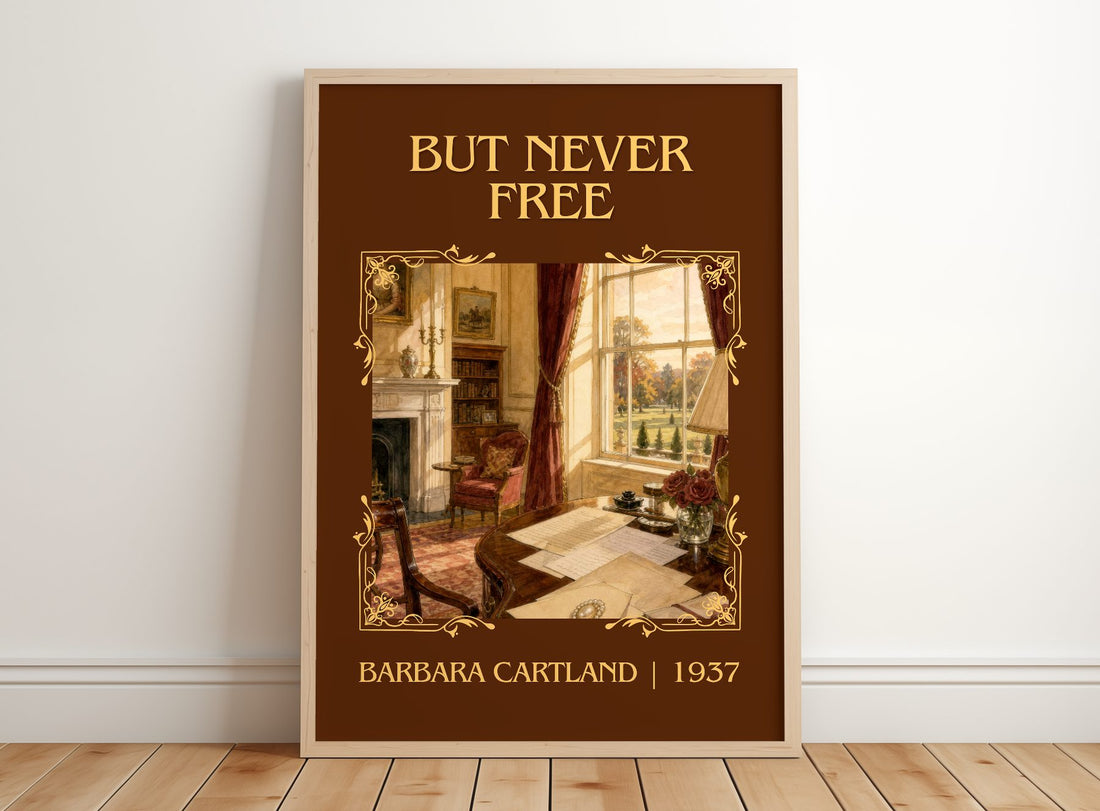 But Never Free Classic Book Art Print by Barbara Cartland – framed print leaning on a wooden floor