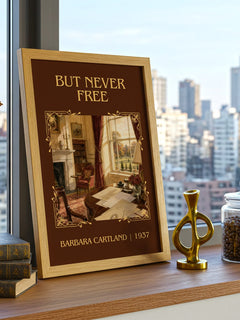 But Never Free Classic Book Art Print by Barbara Cartland – framed print on a city-view windowsill