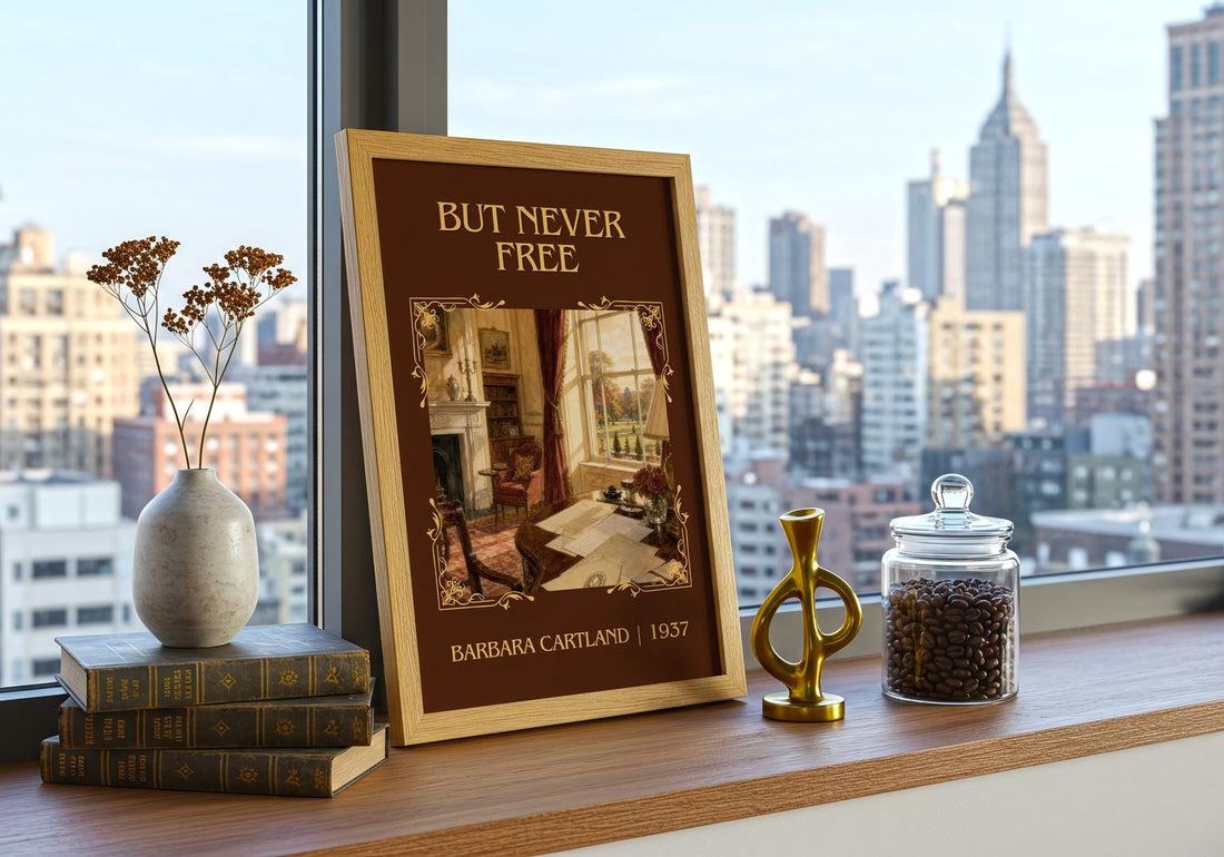 But Never Free Classic Book Art Print by Barbara Cartland – framed print on a city-view windowsill