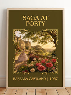 Saga At Forty Classic Book Art Print by Barbara Cartland – framed print leaning on a wooden floor