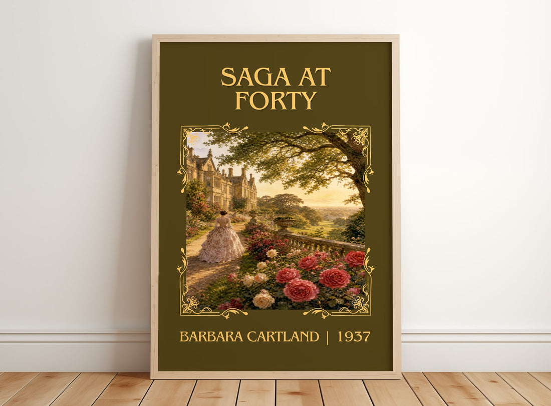Saga At Forty Classic Book Art Print by Barbara Cartland – framed print leaning on a wooden floor