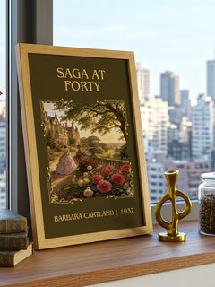 Saga At Forty Classic Book Art Print by Barbara Cartland – framed print on a city-view windowsill