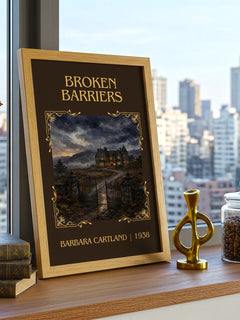 Broken Barriers Classic Book Art Print by Barbara Cartland – framed print on a city-view windowsill