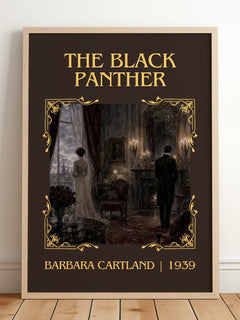 The Black Panther Classic Book Art Print by Barbara Cartland – framed print leaning on a wooden floor