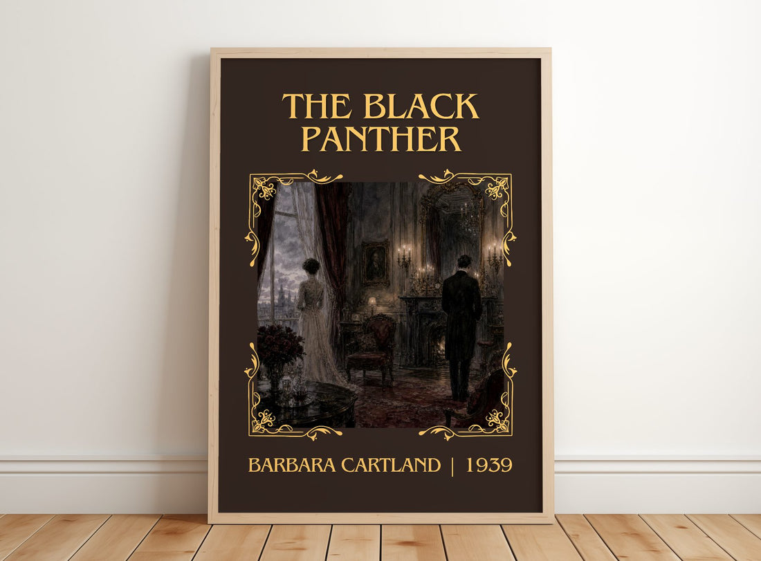 The Black Panther Classic Book Art Print by Barbara Cartland – framed print leaning on a wooden floor