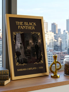 The Black Panther Classic Book Art Print by Barbara Cartland – framed print on a city-view windowsill