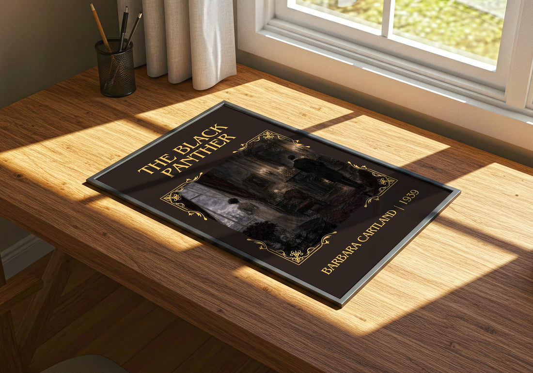 The Black Panther Classic Book Art Print by Barbara Cartland – print on a sunlit desk