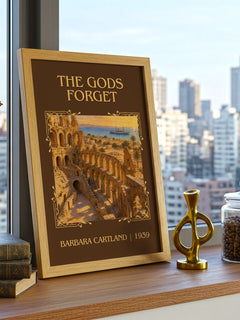 The Gods Forget Classic Book Art Print by Barbara Cartland – framed print on a city-view windowsill