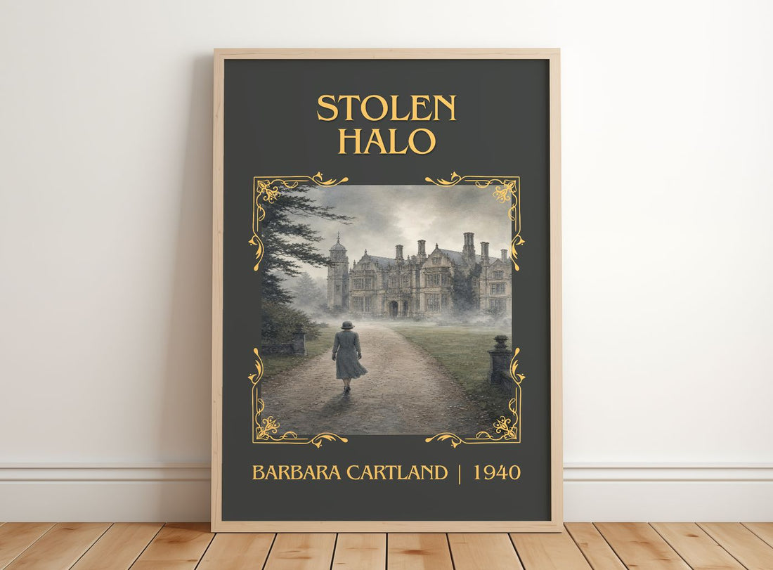 Stolen Halo Classic Book Art Print by Barbara Cartland – framed print leaning on a wooden floor