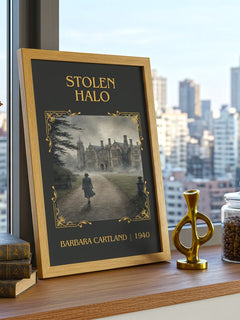 Stolen Halo Classic Book Art Print by Barbara Cartland – framed print on a city-view windowsill