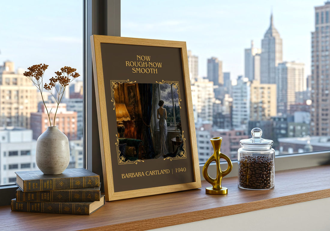Now Rough-Now Smooth Classic Book Art Print by Barbara Cartland – framed print on a city-view windowsill