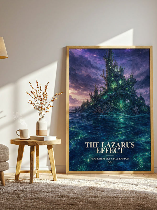 The Lazarus Effect watercolour print in frame leaning in hallway – sci fi wall art