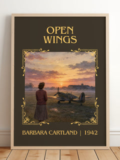 Open Wings Classic Book Art Print by Barbara Cartland – framed print leaning on a wooden floor