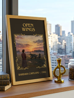 Open Wings Classic Book Art Print by Barbara Cartland – framed print on a city-view windowsill