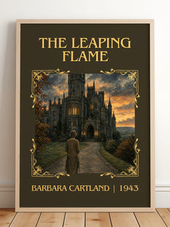 The Leaping Flame Classic Book Art Print by Barbara Cartland – framed print leaning on a wooden floor