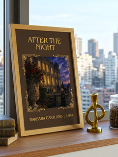 After The Night Classic Book Art Print by Barbara Cartland – framed print on a city-view windowsill