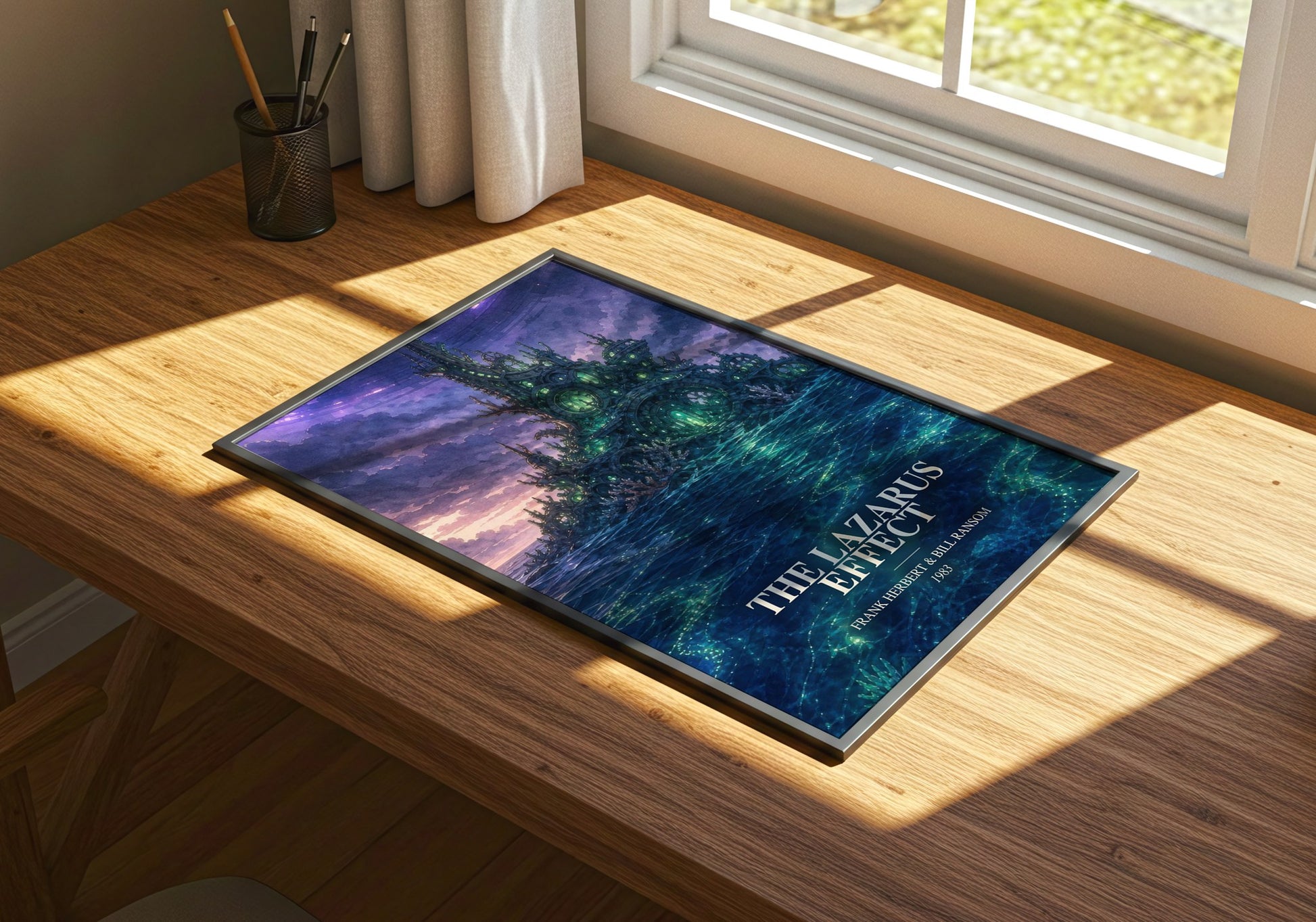 The Lazarus Effect watercolour book poster framed on wall – sci fi wall art
