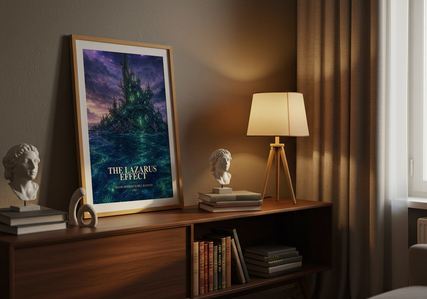 The Lazarus Effect watercolour print on bookshelf – Frank Herbert & Bill Ransom fan gift