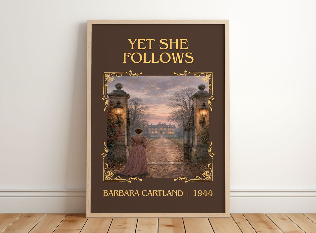 Yet She Follows Classic Book Art Print by Barbara Cartland – framed print leaning on a wooden floor