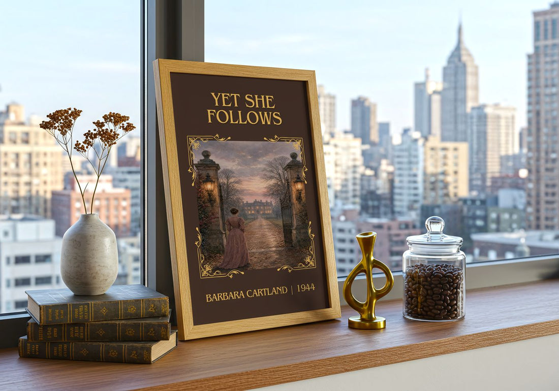 Yet She Follows Classic Book Art Print by Barbara Cartland – framed print on a city-view windowsill