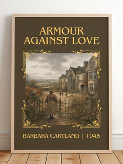 Armour Against Love Classic Book Art Print by Barbara Cartland – framed print leaning on a wooden floor