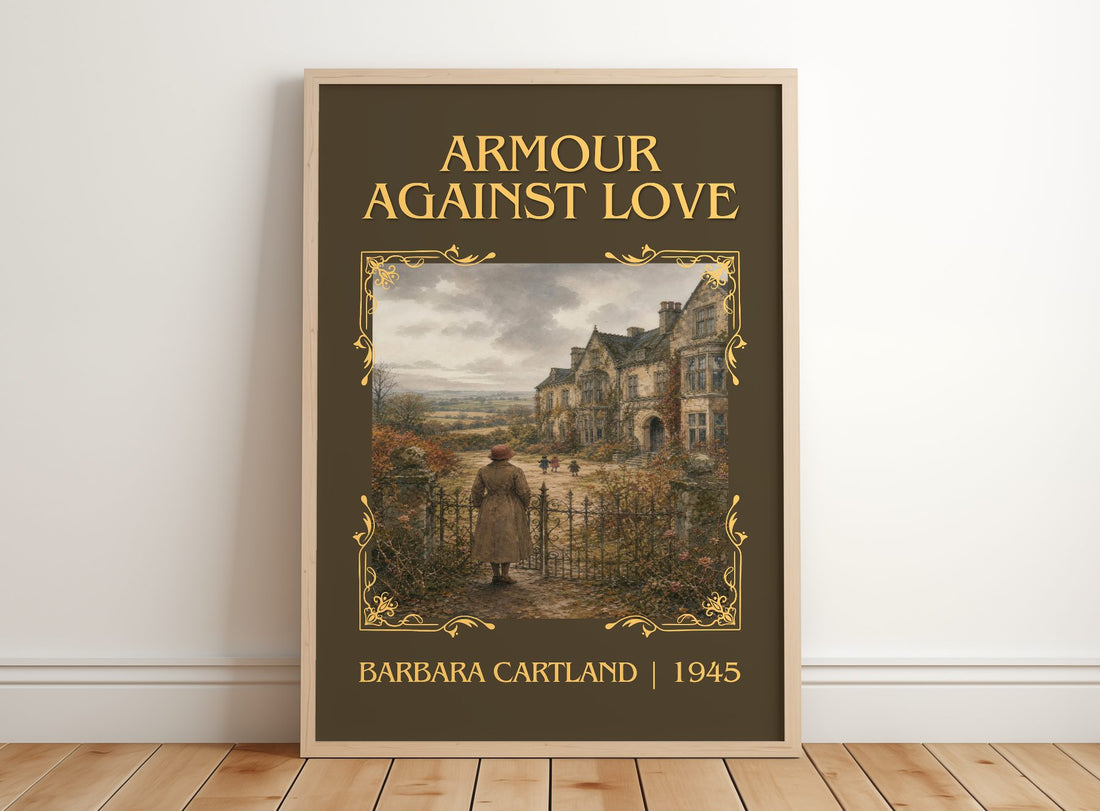 Armour Against Love Classic Book Art Print by Barbara Cartland – framed print leaning on a wooden floor