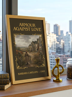 Armour Against Love Classic Book Art Print by Barbara Cartland – framed print on a city-view windowsill