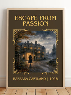 Escape From Passion Classic Book Art Print by Barbara Cartland – framed print leaning on a wooden floor